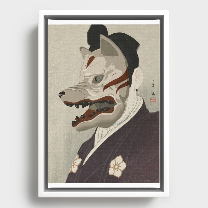 Ukiyo e Samurai With Wolf Mask - Kitsune Framed Canvas