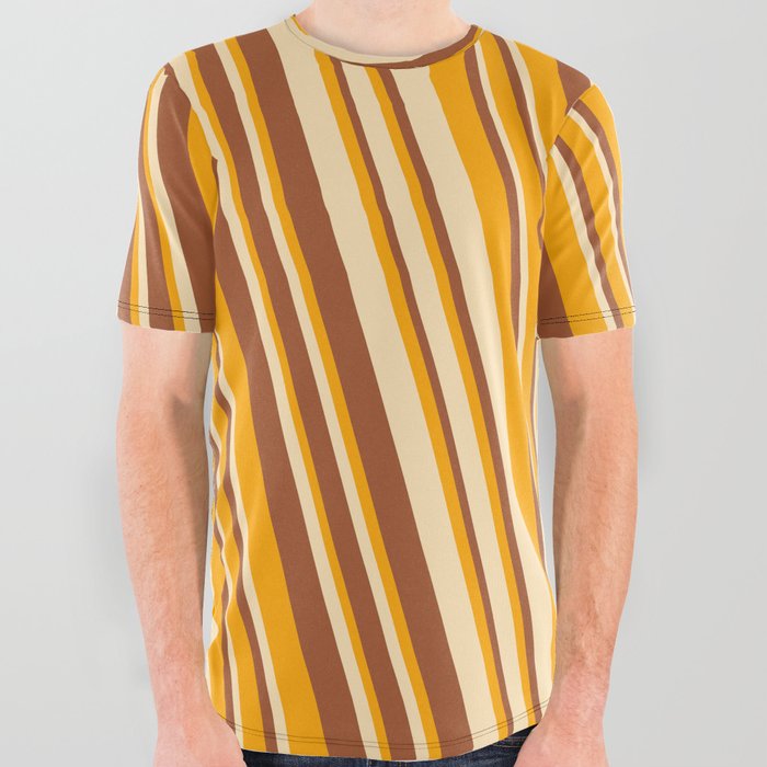 Orange, Beige & Sienna Colored Striped/Lined Pattern All Over Graphic Tee