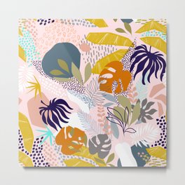 Tropical Retro Boho Foliage Pattern - Pink Metal Print | Nature, Decor, Foliage, Midcenturymodern, Blue, Ochre, Pattern, Boho, Pastel, Bohemian 