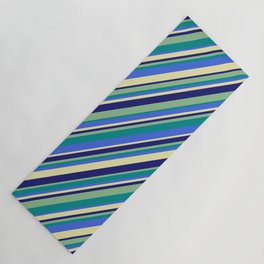 [ Thumbnail: Dark Sea Green, Dark Cyan, Royal Blue, Pale Goldenrod, and Midnight Blue Colored Stripes Pattern Yoga Mat ]