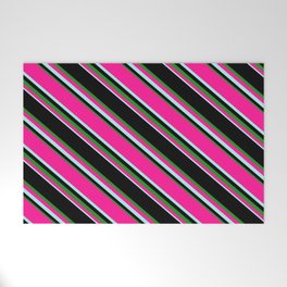 [ Thumbnail: Black, Forest Green, Deep Pink & Turquoise Colored Lined Pattern Welcome Mat ]