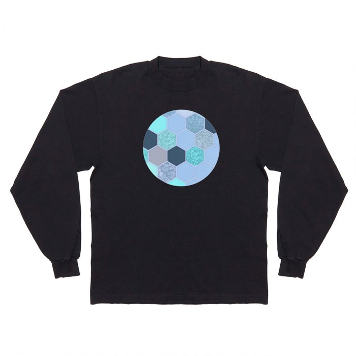 Denim Blue, Aqua & Indigo Hexagon Doodle Pattern Long Sleeve T Shirt
