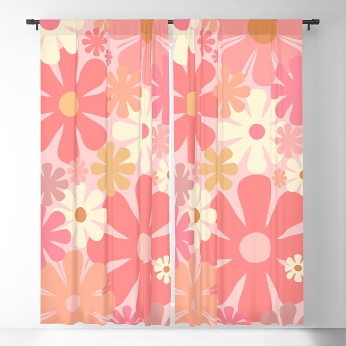 Pink Retro Flowers 60s 70s Floral Pattern in Blush Blackout Curtain