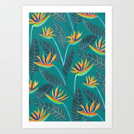 Strelitzia Flowers - Teal Art Print