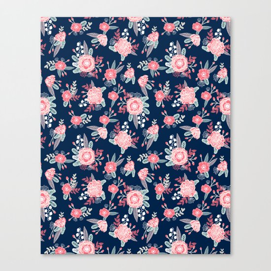 Florals navy coral pink blooms flower pattern girly trendy nursery baby Canvas Print