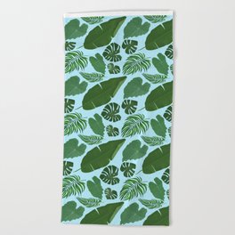 Tropical Leaves Pattern on Light Blue Beach Towel