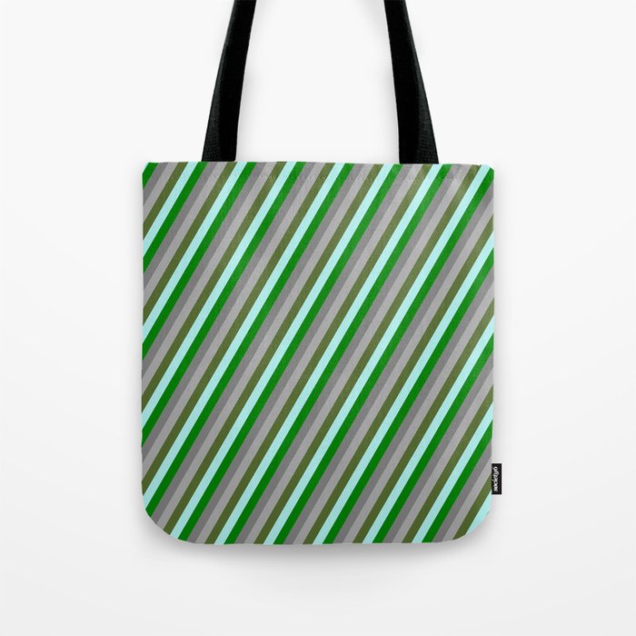 Eye-catching Turquoise, Green, Grey, Dark Grey, and Dark Olive Green Colored Striped Pattern Tote Bag
