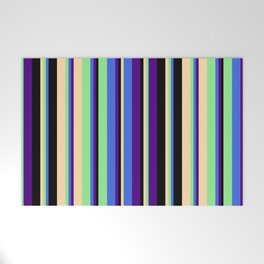 [ Thumbnail: Eye-catching Indigo, Royal Blue, Light Green, Tan & Black Colored Stripes Pattern Welcome Mat ]
