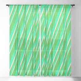 [ Thumbnail: Lime Green, Green & Bisque Colored Stripes Pattern Sheer Curtain ]