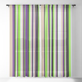 [ Thumbnail: Eyecatching Indigo, Tan, Lavender, Green & Black Colored Lines/Stripes Pattern Sheer Curtain ]