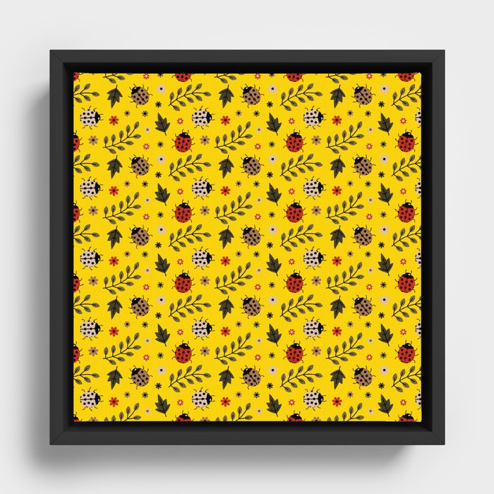 Ladybug and Floral Seamless Pattern on Yellow Background Framed Canvas