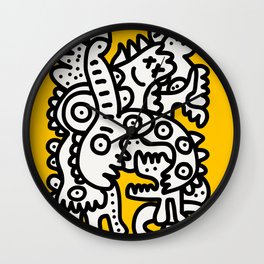 Black and White Cool Monsters Graffiti on Yellow Background Wall Clock