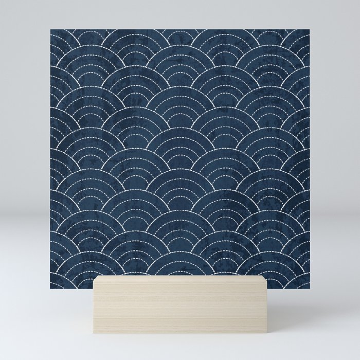 Navy Sashiko waves pattern Mini Art Print