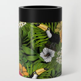 Toucans and tropical flora, green, yellow, red and orange Can Cooler