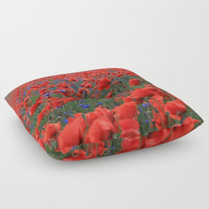 Field of Beautiful Red Poppies Floor Pillow