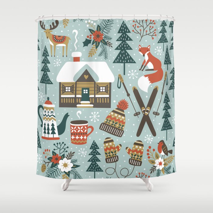 Hand drawn seamless vintage pattern with cute forest animals. Winter woodland repetitive wallpaper with deer, fox, bird, chalet, flowers and ski on light blue background.  Shower Curtain