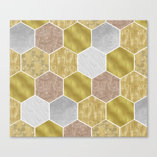 Gold honeycomb hexagons with marble and foil Canvas Print