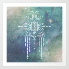 Mandala Flower of Life in Turquoise Stars Art Print