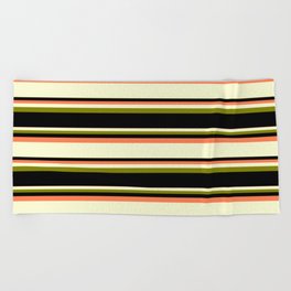 [ Thumbnail: Coral, Light Yellow, Green, and Black Colored Lined/Striped Pattern Beach Towel ]
