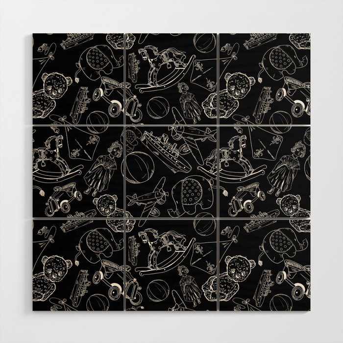 Black and White Toys Outline Pattern Wood Wall Art