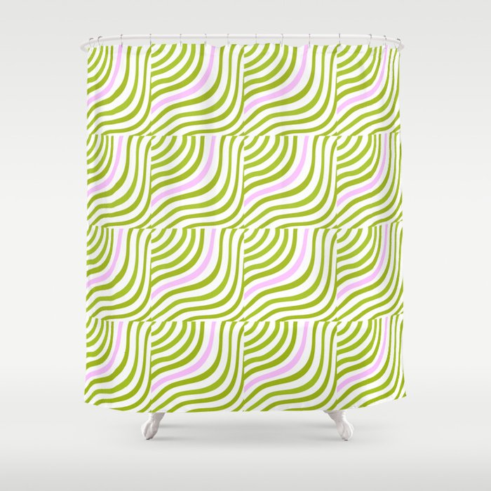 Green and Pastel Pink Stripe Shells Shower Curtain