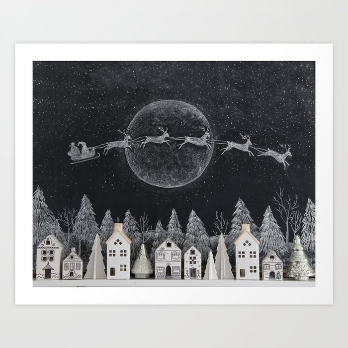 Christmas Village Chalkboard Santa & Reindeer Kunstdrucke