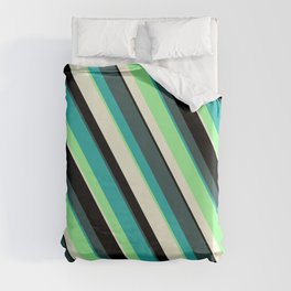 [ Thumbnail: Colorful Dark Slate Gray, Light Sea Green, Green, Beige, and Black Colored Stripes Pattern Duvet Cover ]