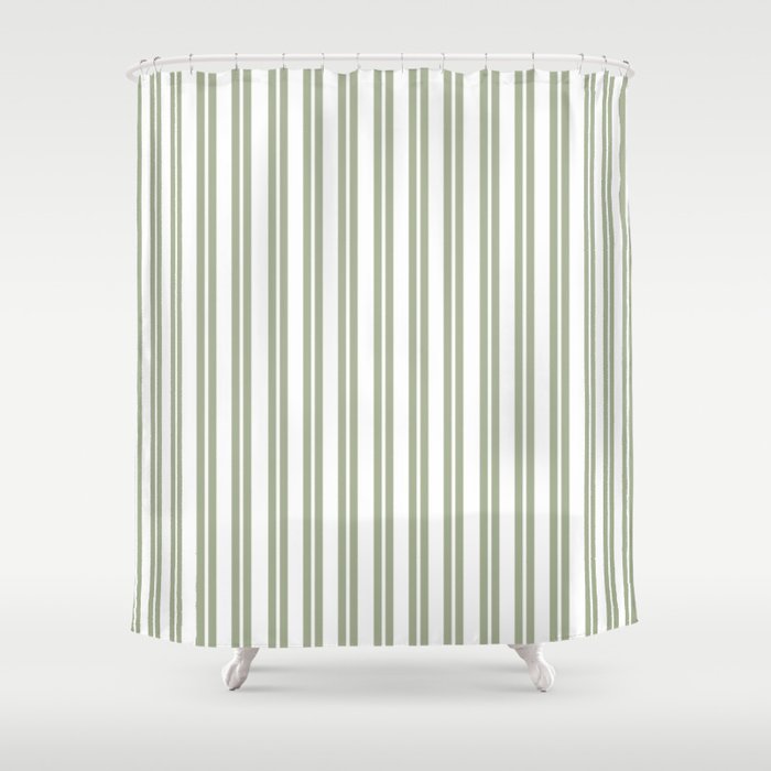 Sage Green and White Classic Double Striped Pattern  Shower Curtain