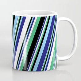 [ Thumbnail: Eyecatching White, Sea Green, Black, Light Sky Blue, and Midnight Blue Colored Stripes Pattern Coffee Mug ]