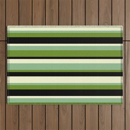 [ Thumbnail: Dark Sea Green, Green, Black & Light Yellow Colored Striped/Lined Pattern Outdoor Rug ]