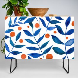 Watercolor berries and branches - blue and orange Credenza