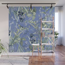 Exotic Wildlife Floral Garden on Sky Blue Wall Mural