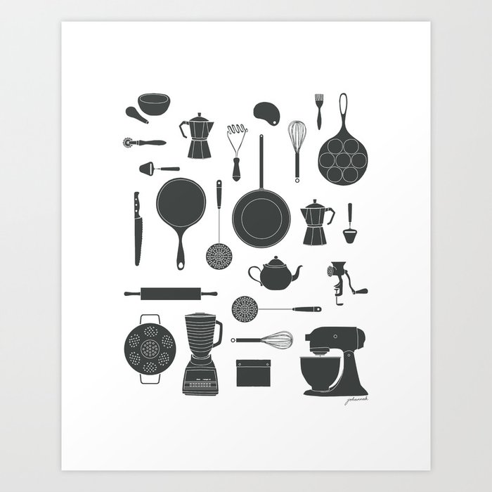 Kitchen Tools (black on white) Art Print