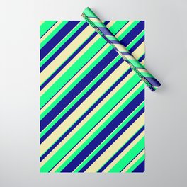 [ Thumbnail: Pale Goldenrod, Green, and Blue Colored Stripes/Lines Pattern Wrapping Paper ]