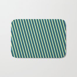 [ Thumbnail: Green, Midnight Blue, Light Sea Green, Black & Light Yellow Colored Lined/Striped Pattern Bath Mat ]