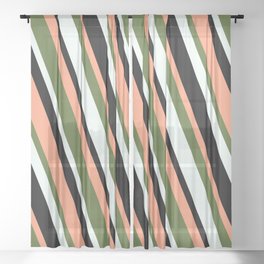[ Thumbnail: Light Salmon, Dark Olive Green, Mint Cream, and Black Colored Pattern of Stripes Sheer Curtain ]