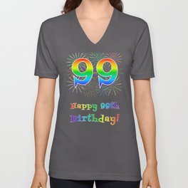 [ Thumbnail: 99th Birthday - Fun Rainbow Spectrum Gradient Pattern Text, Bursting Fireworks Inspired Background V Neck T Shirt V-Neck T-Shirt ]