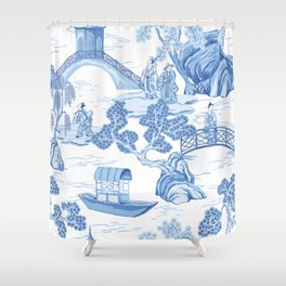 Vintage Chinese pagoda, boat, people, trees floral seamless pattern white background. Blue chinoiserie park wallpaper.  Shower Curtain