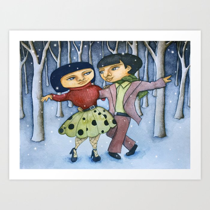 Winter Dance Art Print | Painting, Watercolor, Acrylic, Illustration, Vintage, Winter, Holidays, Christmas, Hannukah, New-years