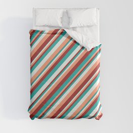 [ Thumbnail: Light Sea Green, Mint Cream, Light Salmon, and Brown Colored Striped Pattern Duvet Cover ]