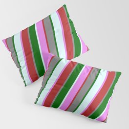 [ Thumbnail: Colorful Violet, Red, Grey, Dark Green & Light Cyan Colored Lined/Striped Pattern Pillow Sham ]