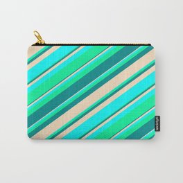 [ Thumbnail: Green, Dark Cyan, Bisque, and Aqua Colored Pattern of Stripes Carry-All Pouch ]