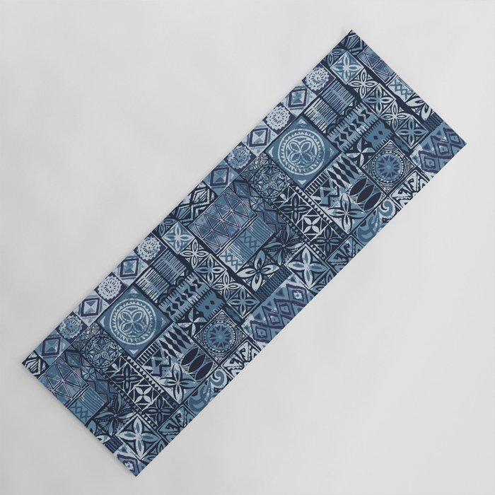 Hawaiian style blue tapa tribal fabric abstract patchwork vintage vintage pattern Yoga Mat