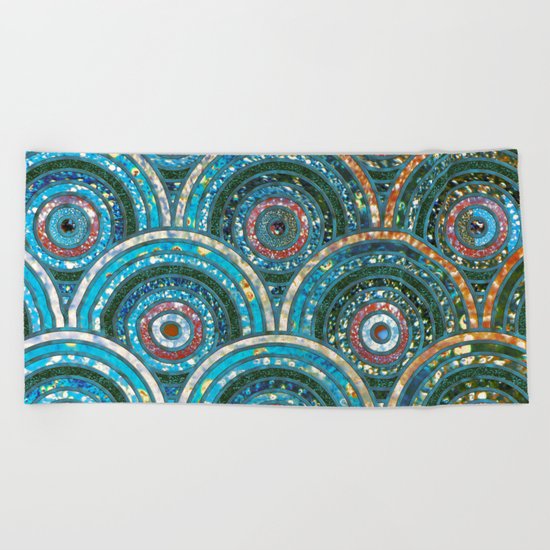Aqua Teal Blue and Green Sparkling Faux Glitter Circles and Dots Beach Towel