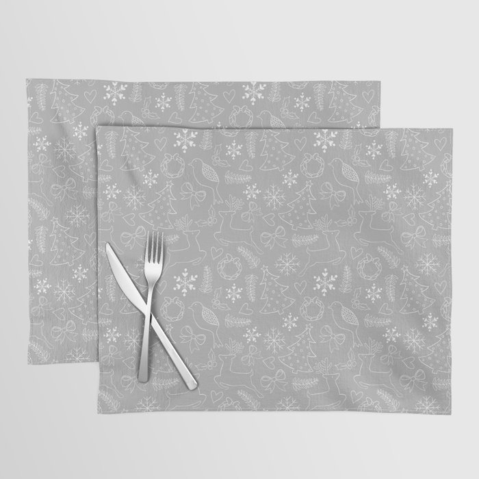 Christmas Pattern White Black Doodle Animal Placemat