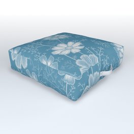 Minimalist Blue Floral Lineart Flowers and Leaves Outdoor Floor Cushion