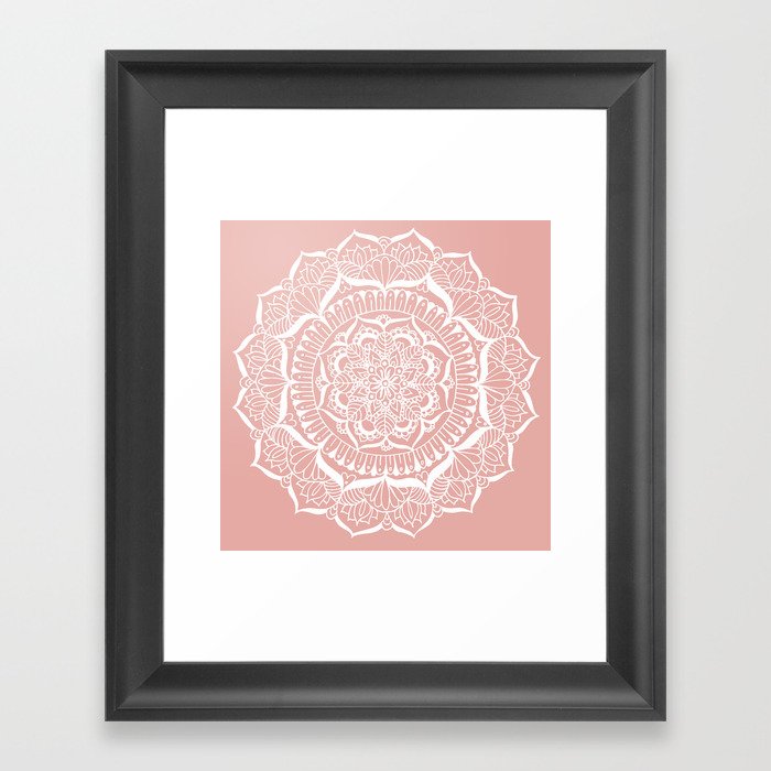 White Flower Mandala on Rose Gold Framed Art Print