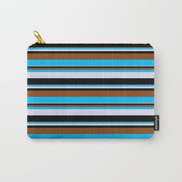 [ Thumbnail: Brown, Deep Sky Blue, Lavender, and Black Colored Pattern of Stripes Carry-All Pouch ]