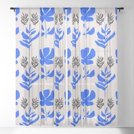 Wildflowers and Leaves - cobalt blue and neutral Sheer Curtain