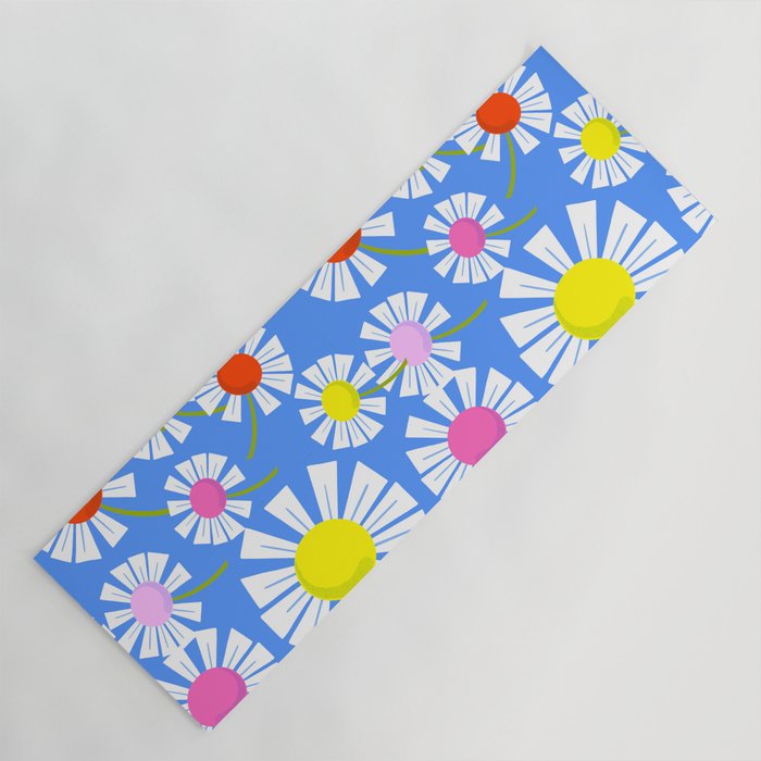 Retro Modern Mini Daisy Flowers On Blue Yoga Mat